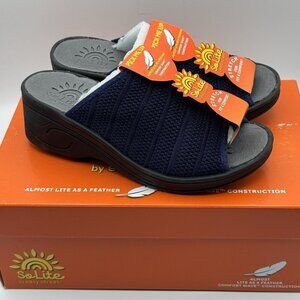 So Lite by Easy Street Airy Sandals 7N Navy Stretch Comfort Wedge Slip-On Shoes